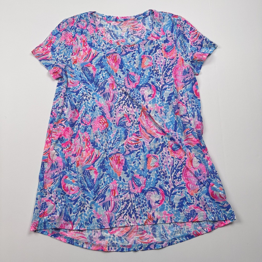 Lilly Pulitzer Dress Womens XS Blue Pink Seashell Print Knit Short Sleeve